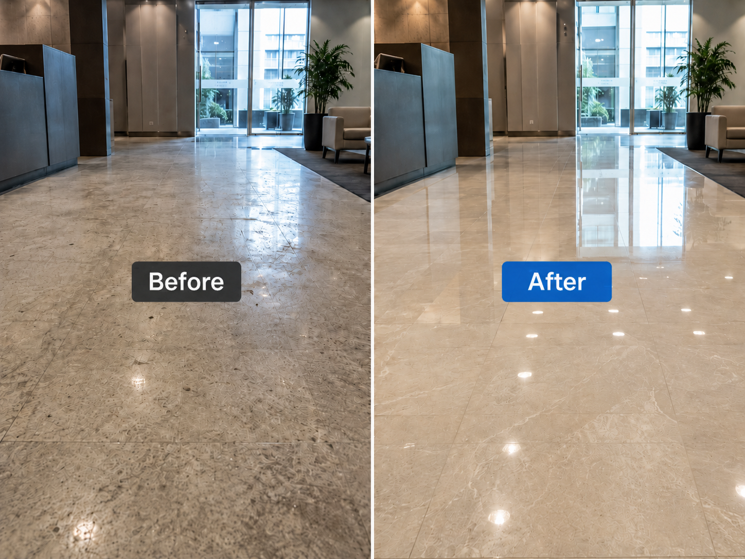 Lobby floor before and after cleaning