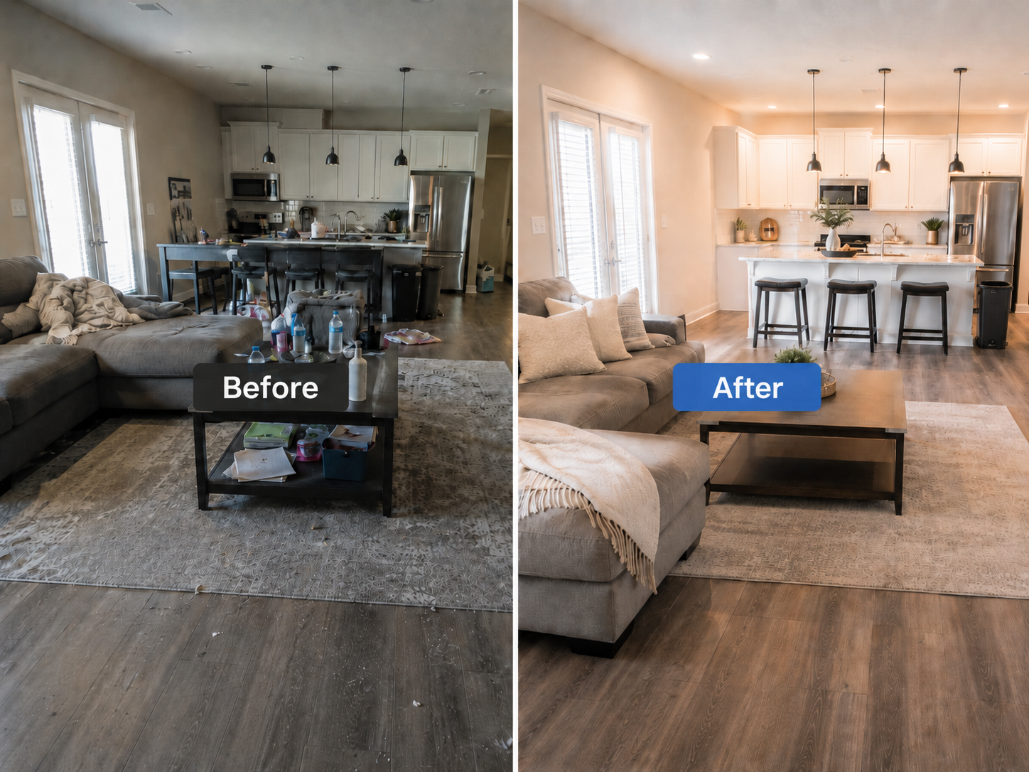 Living room before and after cleaning